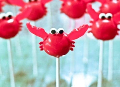 Crab cake pops. These creative Summer Cake Pops are perfect birthday or pool party desserts. From beach balls and sharks to lady bugs and crabs, enjoy these cute fun food ideas for cake pops! 