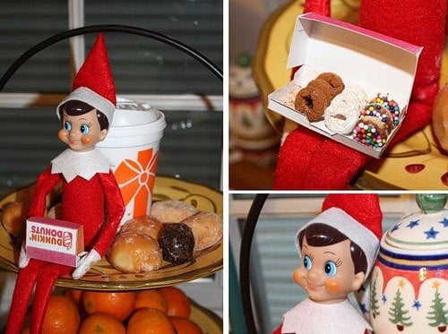 25 of the BEST Elf On The Shelf Ideas! Find fun posing ideas for moving your elf, cute free printables, arrival ideas. Elf on the Shelf With tiny Dunkin Donuts box and doughnuts.