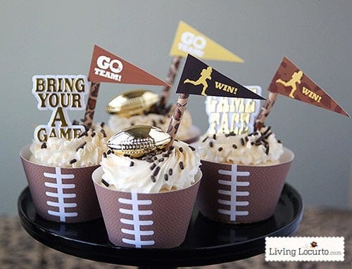 Free Printable Football Cupcake Wrappers. Perfect for any Football Themed birthday, Super Bowl, Fantasy Football Party. LivingLocurto.com