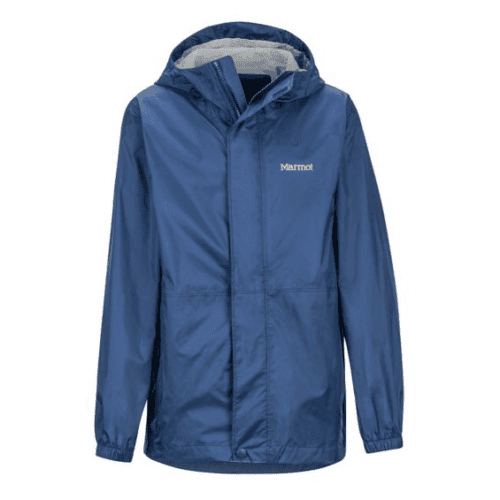 Marmots precip kids jacket is eco-friendly and has details to keep kids warm and dry in the fall and spring