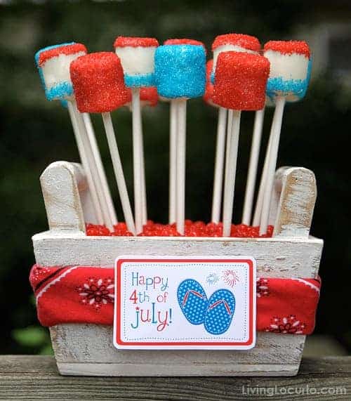 4th of July Marshmallow Pops are a sweet and easy no bake red, white and blue treat to make this summer! Easy party dessert recipe with printable tags.