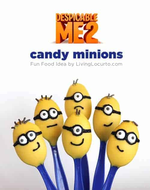 Minion candy spoons are such a fun and easy dessert idea! Great ideas for a Despicable Me themed birthday party!