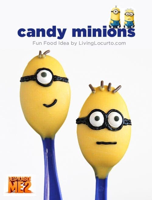 Minion candy spoons are such a fun and easy dessert idea! Ideas for a Despicable Me themed birthday party!