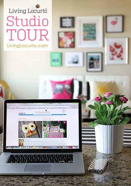 Living Locurto Studio Tour - Modern Office Space with black and white stripes, hot pink and bright yellow. Happy and bright room decorating ideas and inspiration! Printable wall decor. LivingLocurto.com