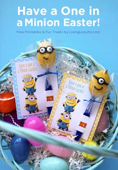 Minion candy spoons are such a fun and easy dessert idea! Enjoy free printable gift tags for Easter baskets and great ideas for a Despicable Me themed birthday party!