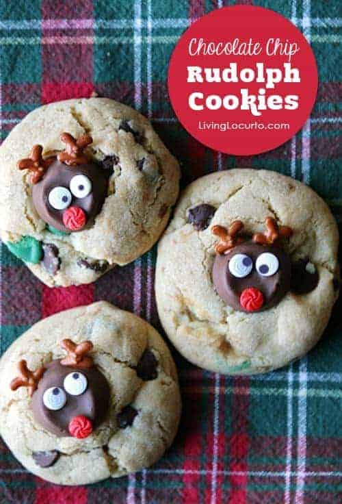 Delicious Rolo Double Chocolate Chip Christmas Cookies shaped like Rudolph the Red Nosed Reindeer! ~ LivingLocurto.com