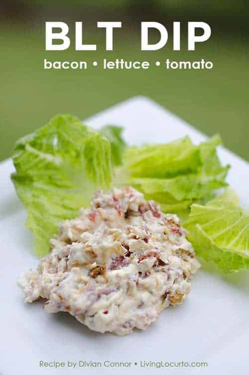 A quick and easy BLT, Bacon Lettuce and Tomato Dip Recipe. Scoop it on lettuce for a delicious low carb appetizer that's perfect for any party! LivingLocurto.com