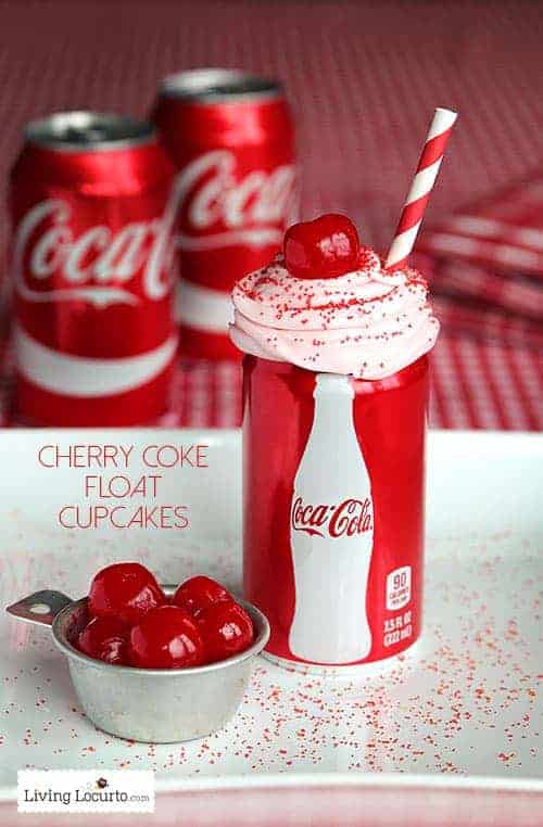 Cherry Coke Float Cupcakes in Coca-Cola Cans. The best chocolate dessert! A fun cake idea for a birthday. Also get Free Printables for a Football Party.