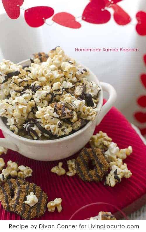 A Chocolate Coconut Caramel Delight Popcorn Recipe that tastes just like Samoas Girl Scout cookies! LivingLocurto.com #Chocolate 