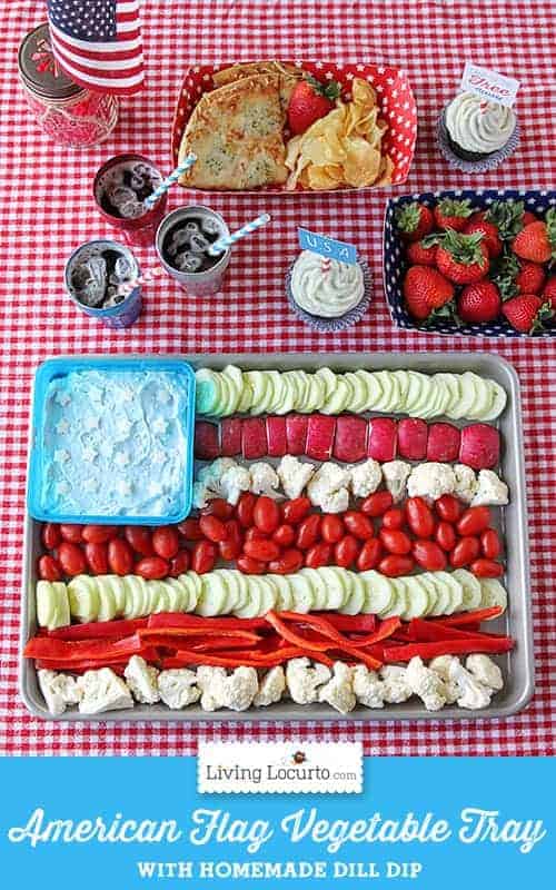 Easy American Flag Vegetable Tray Platter and Dill Dip Recipe. Easy low carb appetizer for a 4th of July party. 