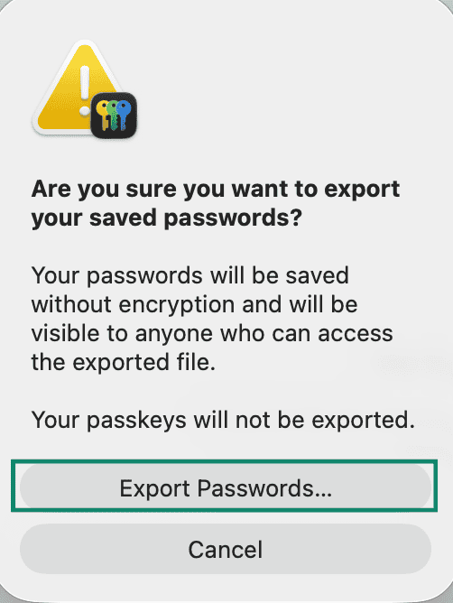 The "Are you sure you want to export your saved passwords" pop-up on macOS.
