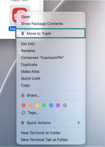 The "Move to Trash" option for the ExpressVPN app on Mac.