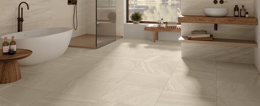 Docks beige limestone-look bathroom scene