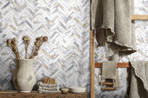 Prestige Recycled Glass Calacatta Gold Herringbone Room