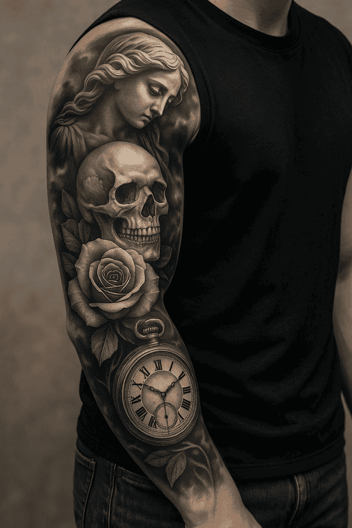 Black & Grey Sleeve Tattoo mit Totenkopf, Rose und Uhr
