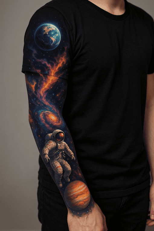 Sleeve Tattoo mit Astronauten und Planeten