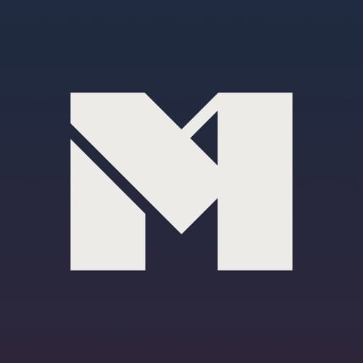 white M logo on blue/grey background