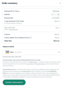ExpressVPN for Teams order summary page for dedicated IP.