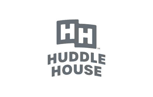 Huddle House logo featuring two stylized white “H” letters inside dark gray squares above bold, curved “Huddle House” text.