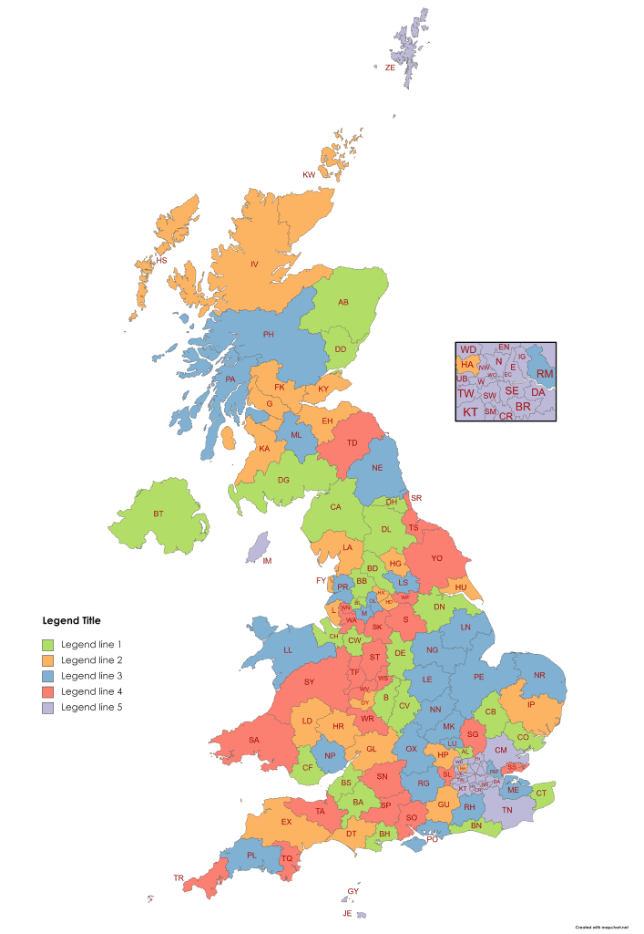 randomly colored UK postcode map