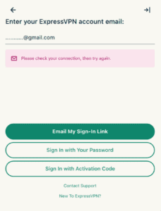 Connection error trying to sign into ExpressVPN.