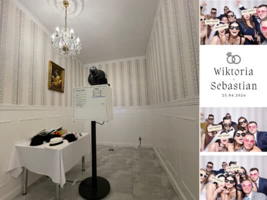Fotobudka w pałacowej sali ze sztukaterią i żyrandolem, po prawej wydruk z paskiem zdjęć