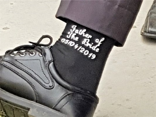 Father of the Bride HTV label on sock in the fun with labels