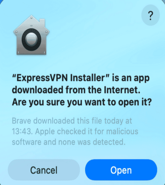 macOS security prompt asking whether to open “ExpressVPN Installer,” downloaded from the internet, with "Cancel" and "Open" buttons.