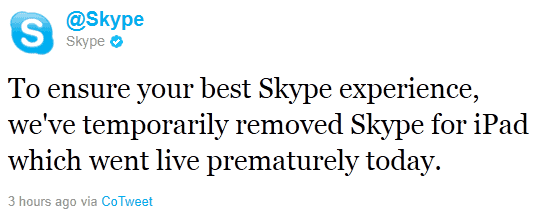skype for ipad released and then removed again