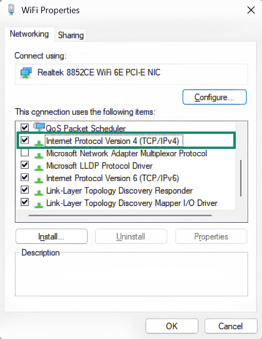 WiFi Properties window displaying the networking tab, with "Internet Protocol Version 4 (TCP/IPv4)" checked and highlighted by a green box.