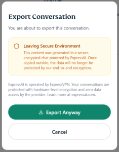 Screenshot of the Export Conversation screen on the desktop version of ExpressAI. There is a warning message above a green button labeled Export Anyway. An arrow points to the green button.