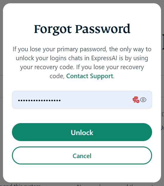 Screenshot of the Forgot Password screen on the desktop browser version of ExpressAI. The recovery code field is filled in, and an arrow points to the green Unlock button directly underneath the recovery code field.