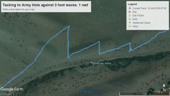 Tacking to Army Hole against 3 foot waves. 1 reef - lug rig sail and foil optimising perfornance for a cruising dinghy