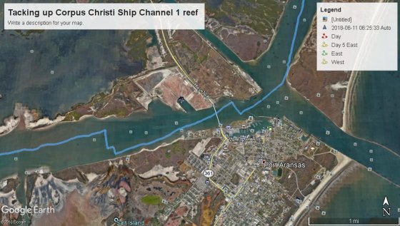 Tacking up Corpus Christi Ship Channel 1 reef - lug rig sail and foil optimising perfornance for a cruising dinghy