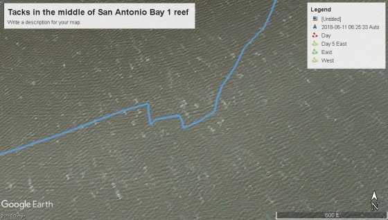 Tacks in the middle of San Antonio Bay 1 reef - lug rig sail and foil optimising perfornance for a cruising dinghy