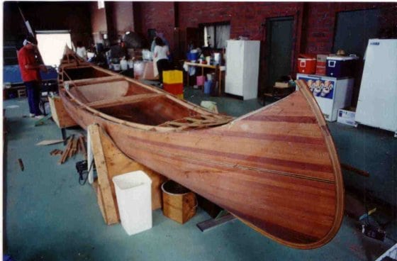 Overall view in summer school class: 24 ft steam canoe homebuilt by roger in Adelaide: storerboatplans.com