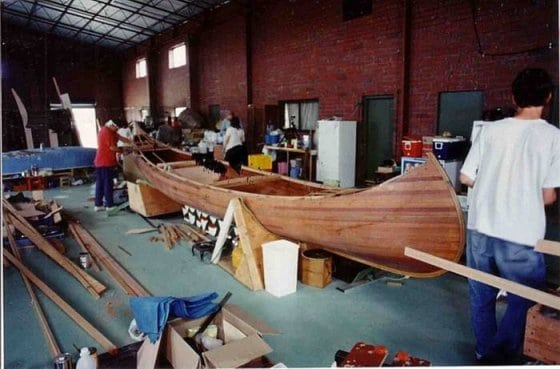 Overall view in summer school class: 24 ft steam canoe homebuilt by roger in Adelaide: storerboatplans.com