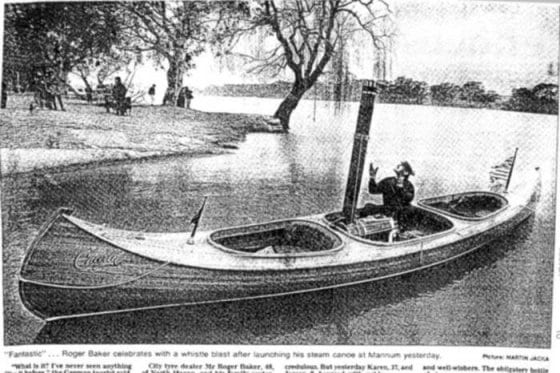 Newspaper clipping" 24 ft steam canoe homebuilt by roger in Adelaide: storerboatplans.com