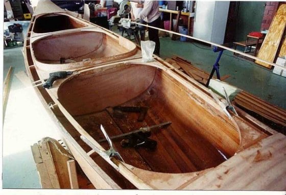Deck view in workshop: 24 ft steam canoe homebuilt by roger in Adelaide: storerboatplans.com