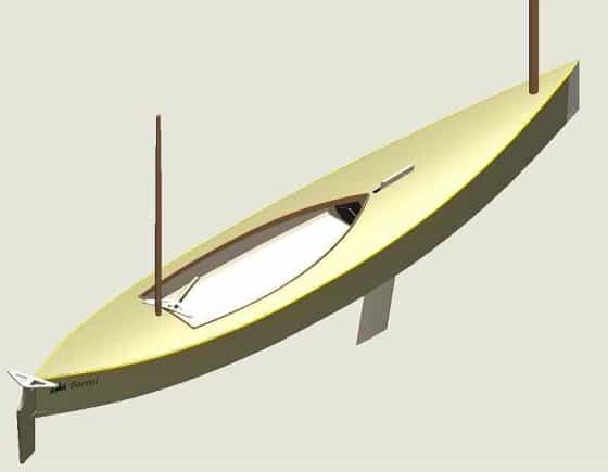 Beth sailing canoe computer render. by Andrew Rotch. storerboatplans.com
