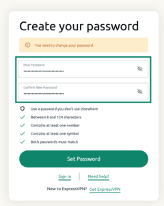 ExpressVPN password reset screen showing the password reset fields and the "Set Password" button.