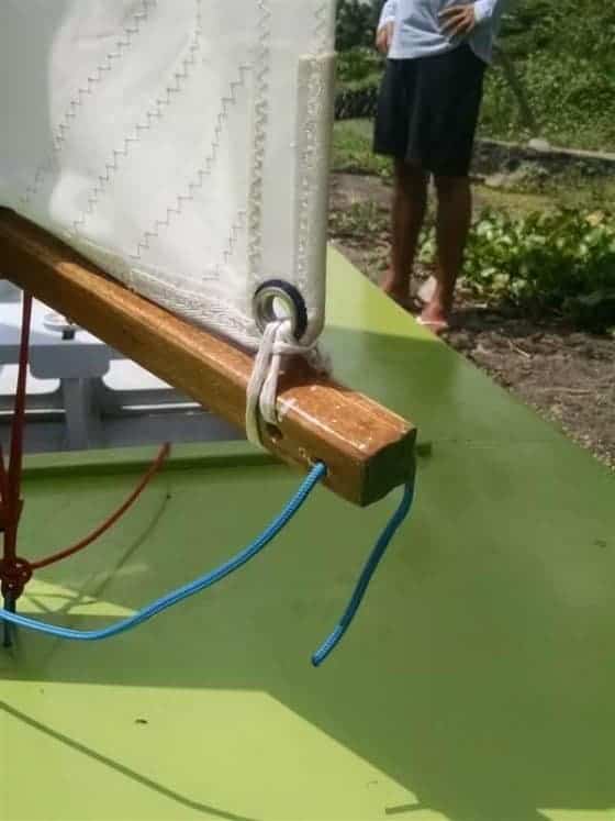 Bleater or preventer to stop the lug rig boom moving forward or away from the mast - it threads through the forward hole in the boom.