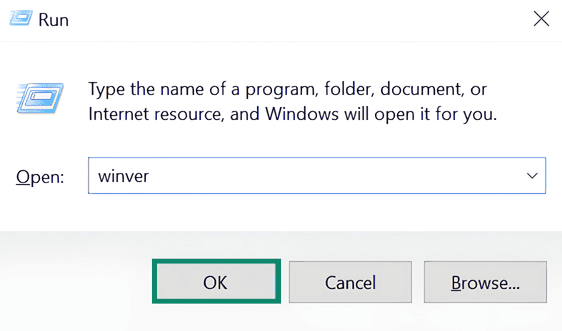 Run utility on Windows 10, showing "winver" entered in the "Open" field and a highlighted "OK" button.