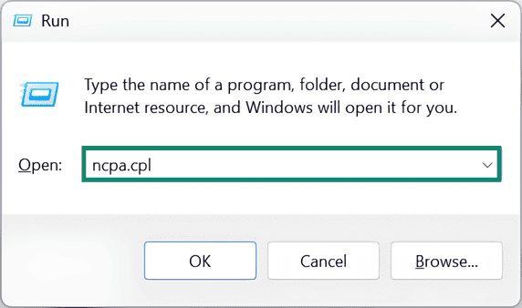 Windows "Run" dialog box with "ncpa.cpl" typed into the open text field and highlighted by a green box.