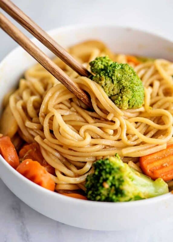 CopyCat P.F. Chang’s Lo Mein served on a white bowl with a pair of chopstick.