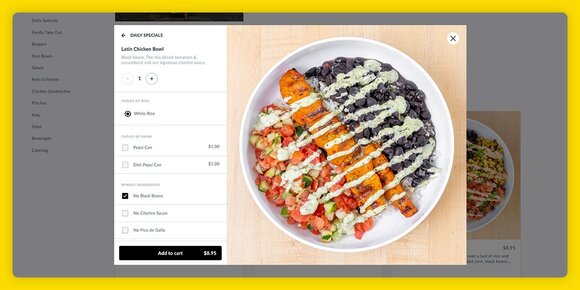 PINCHO web ordering experience by Thanx highlighting a menu item