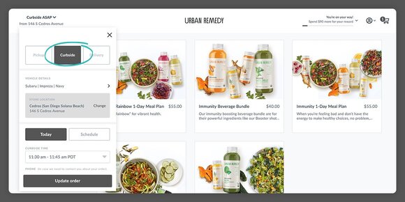 Urban Remedy web ordering experience highlighting Curbside pickup via Thanx