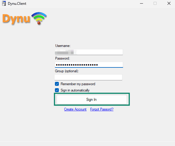 Dynu DNS desktop app showing the "Sign In" button highlighted.