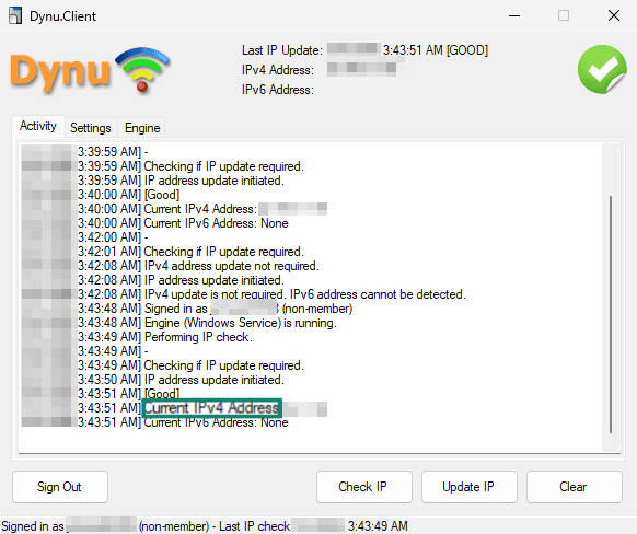 Current IPv4 address data point highlighted in the Dynu DNS desktop app.