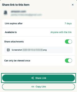 ExpressKeys macOS app interface, showing the item sharing window. The "Share Link" button is highlighted.